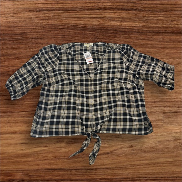Michael Kors Plaid Tie-Front Top 2X Button Down‎ 3/4 Sleeve Blouse Shirt - Picture 1 of 8